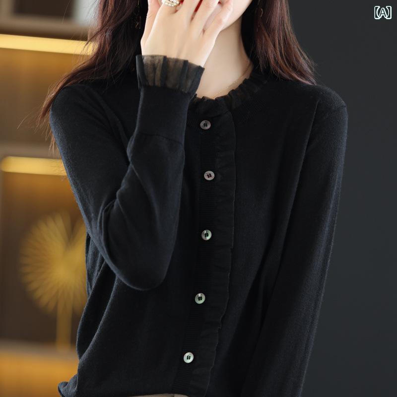 カーディガン レディース レース フリル 波型襟 ウール ニット 薄手 長袖 ゆったり 無地 フェミニン か..