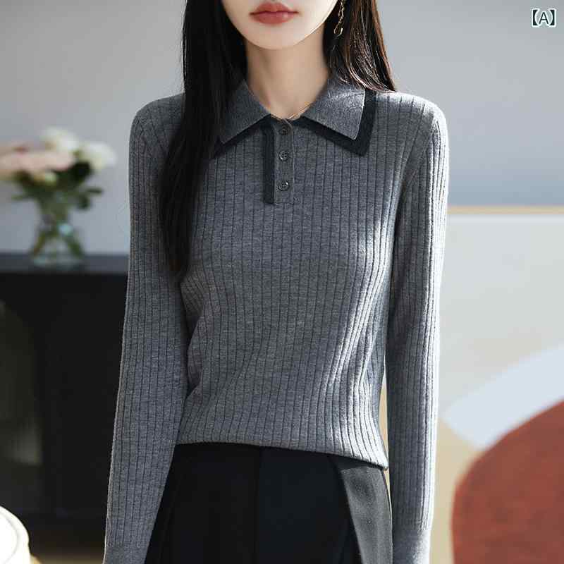 ニット レディース 春夏 ポロ襟 長袖 精紡ウール プルオーバー セーター 体型カバー 着痩せ オフィス ..