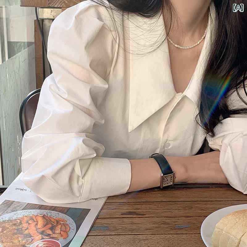 Other - ブラウス レディース 白 デザイン性 高級感 個性的 春夏 大人カジュアル 通勤 オフィス 長袖 パフスリーブ ゆったり ポインテッドカラー ポリエステル シワになりにくい 無地