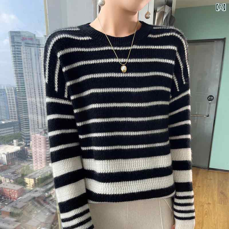 セーター レディース クルーネック 配色ストライプ ゆったり ルーズフィット 韓国ファッション ウール ..