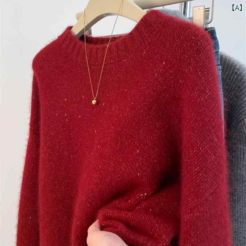 Long-Sleeved Knit - ニット レディース 秋冬 超厚手 100%ウール プルオーバー ゆったり クルーネック 長袖 リブ編み 光沢感 上品 通勤 カジュアル デイリー