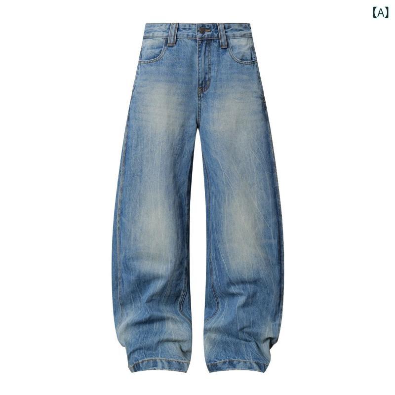 Capri Pants - デニムパンツ レディース 春夏 ウォッシュ加工デザイン ストリート系 カジュアル ワイドパンツ ハイウエスト ゆったり カーブパンツ ジーンズ 綿 ブルー 普段使い 着回し