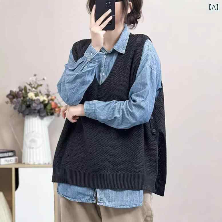 乐天商城 - ベスト レディース 春秋 個性的 デザイン性 サイドスリット Vネック ニット ジレ ゆったり ルーズフィット おしゃれ レトロ ヴィンテージ 大人カジュアル 普段使い 快適