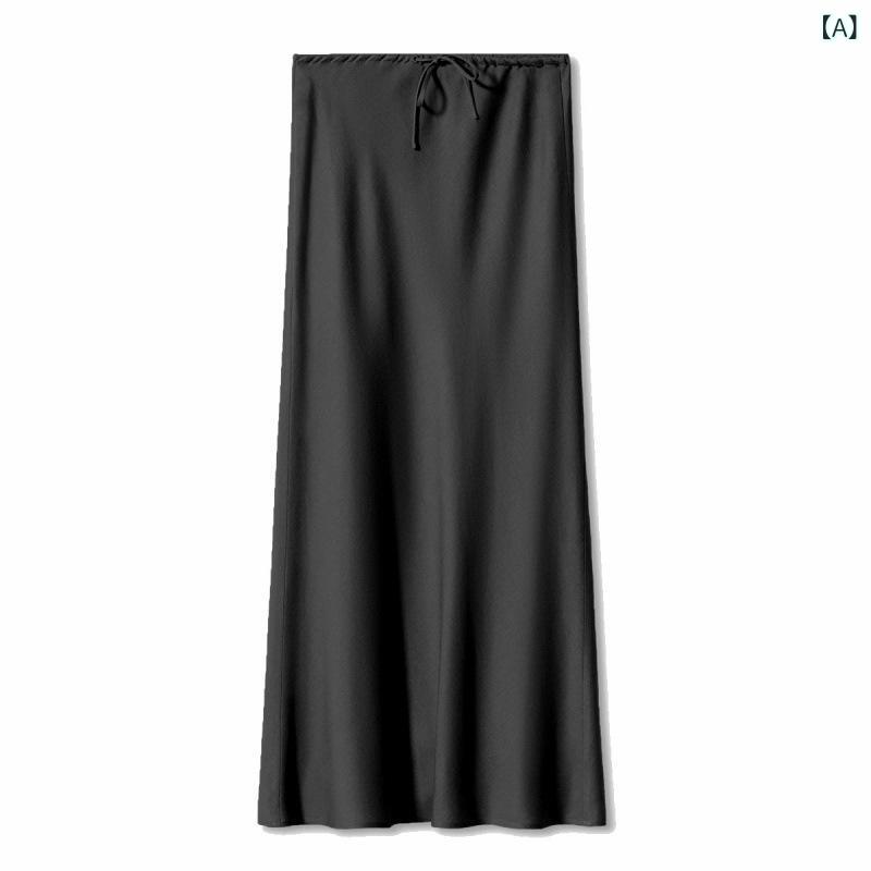 半身スカート レディース Aライン ハイウエスト ロング丈 アセテート ポリエステル混紡 無地 ドローストリング 上品 快適 カジュアル きれいめ オフィス 通勤