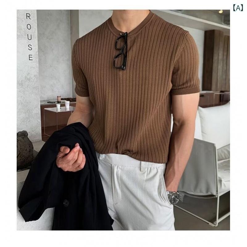 Other - Tシャツ メンズ 男性用 春夏 薄手 接触冷感 半袖 クルーネック ニット スリムフィット 伸縮性 ストライプ柄 デザイン おしゃれ 普段使い カジュアル 着回し ポリエステル