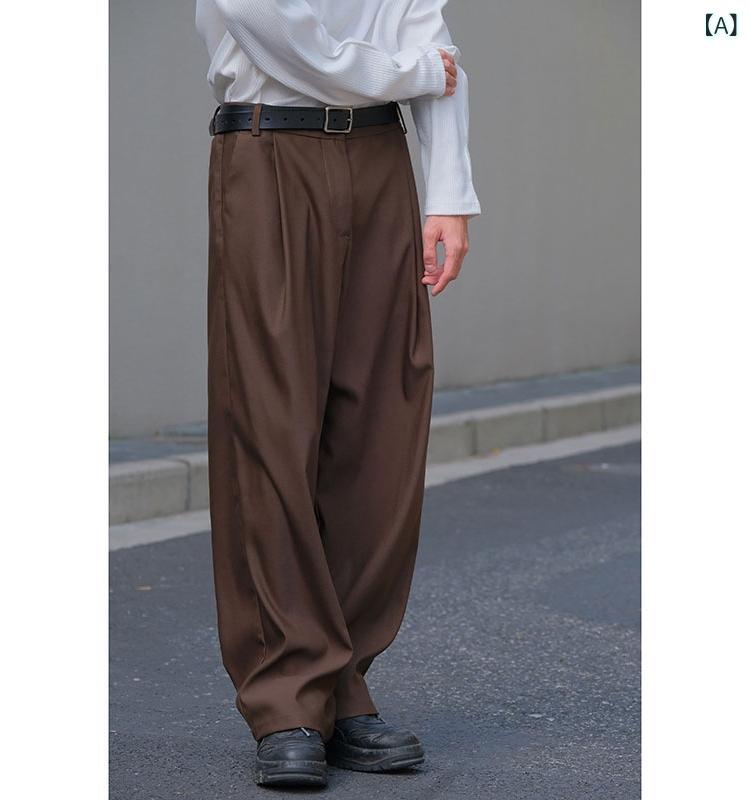 乐天商城 - スラックス 男女兼用 日系 シンプル トレンド 落ち感 ゆったり ワイドストレート ノーアイロン 無地 ミッドウエスト 着回し抜群 ポリエステル 春秋 普段使い ブラウン ブラック