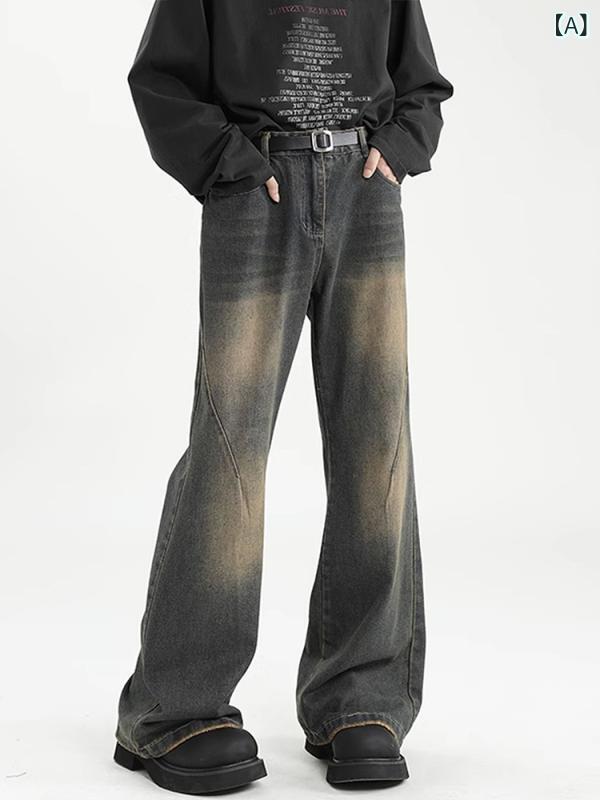 デニムパンツ メンズ アメリカンレトロ ヴィンテージ ルーズフィット ゆったり 微フレア ブーツカット ウォッシュ加工 ダメージ加工 カジュアル ストリート 綿 秋冬