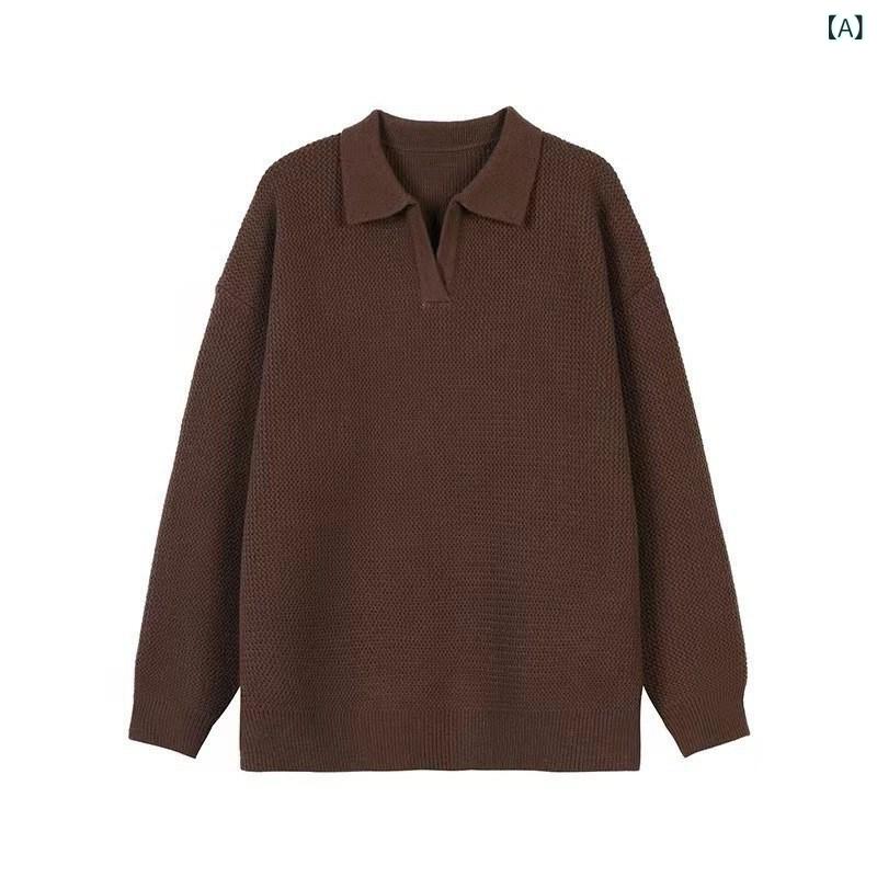 Casual Shirts - ニット 男性用 秋冬 レトロ 韓国風 Vネック ポロ襟 プルオーバー 長袖 ゆったり 厚手 ウール混 ポリエステル インナー セーター 普段使い カジュアル