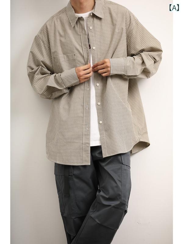 シャツ メンズ アメリカンレトロ ヴィンテージ チェック柄 長袖 ゆったり ルーズフィット オーバーサイズ 襟付き コットン カジュアル 普段使い デイリーユース 通勤 春秋 トップス(4)