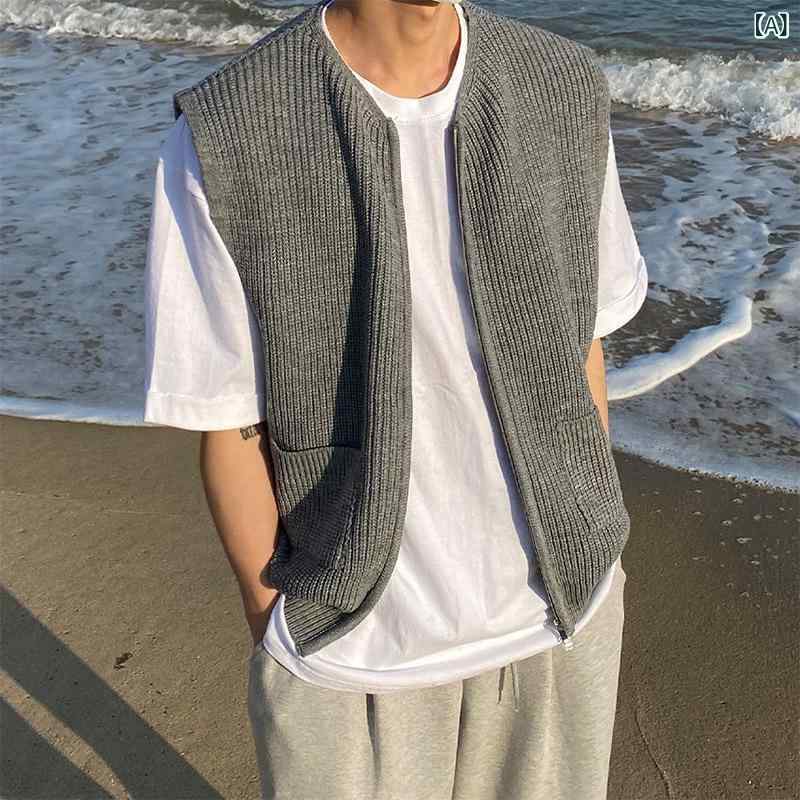 ニットベスト メンズ 男性用 ゆったり ルーズ 日系 スクール風 カレッジスタイル ファスナー ジップ Vネック 秋冬 カジュアル 普段使い 通勤 通学 グレー ブラック