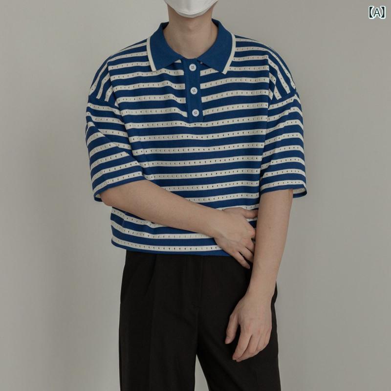 樂天商城 - ポロシャツ メンズ 韓国風 きれいめカジュアル ポロ襟 ニット 半袖 接触冷感 ポリエステル素材 ルーズフィット ゆったり 薄手 レトロ 春夏 普段使い 着回し トレンド ストライプ ウォッシャブル