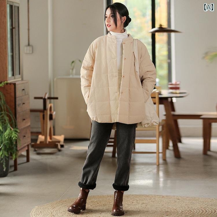 中綿コート レディース 冬 厚手 暖かい 防寒 原宿風 レトロ 文芸風 デザイン ゆったり ミドル丈 立ち襟 麻 綿 長袖 無地 シングルボタン カジュアル ア...