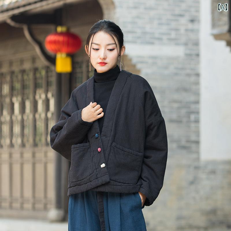 コットンジャケット レディース 秋冬 綿麻 ラミー レトロ アンティーク風 禅スタイル 中綿入り 保温 防寒 ショート丈 Vネック ドルマンスリーブ チャイナボタン ゆったり ルーズ