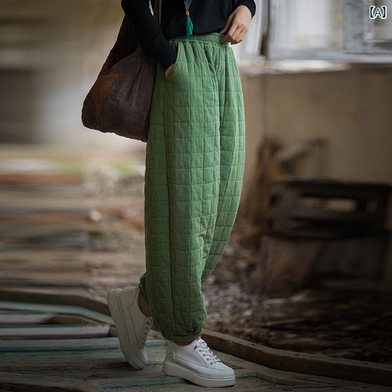パンツ レディース 秋冬 綿麻 中綿入り 厚手 暖か 防寒 キルティング チェック柄 ヴィンテージ加工 ランタンパンツ ゆったり 普段使い 着回し