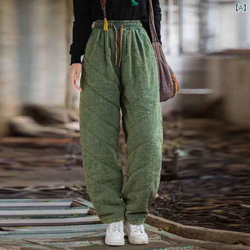 パンツ レディース ラミー 綿混 中綿 ストレート キルティング加工 ムラ染め ウエストゴム 厚手 秋冬 長ズボン ヴィンテージ レトロ 文芸風 カジュアル 普段使い