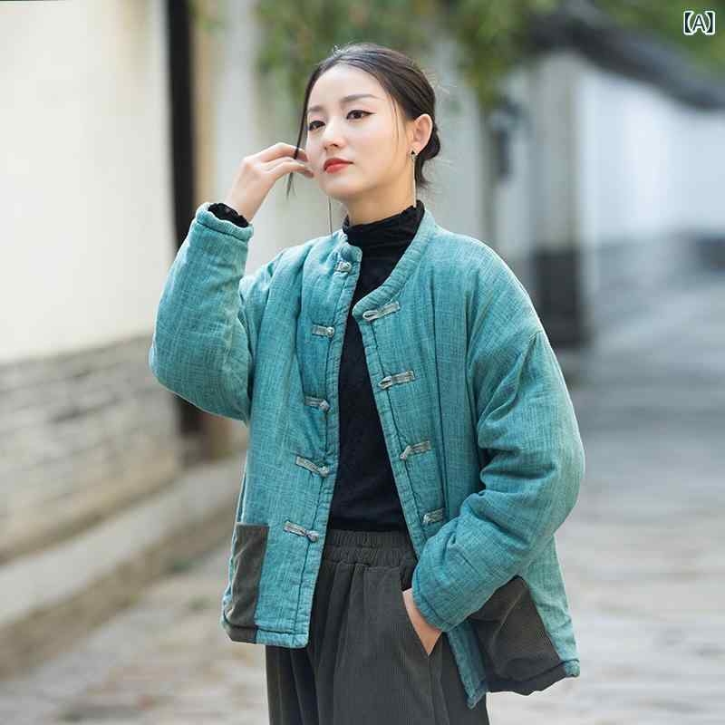 中綿コート レディース 秋冬 亜麻加工色 ウォッシュ加工 保温 暖か チャイナボタン 国潮 禅風 和風 レトロ スタンドカラー 長袖 スリムフィット 厚手 再生...