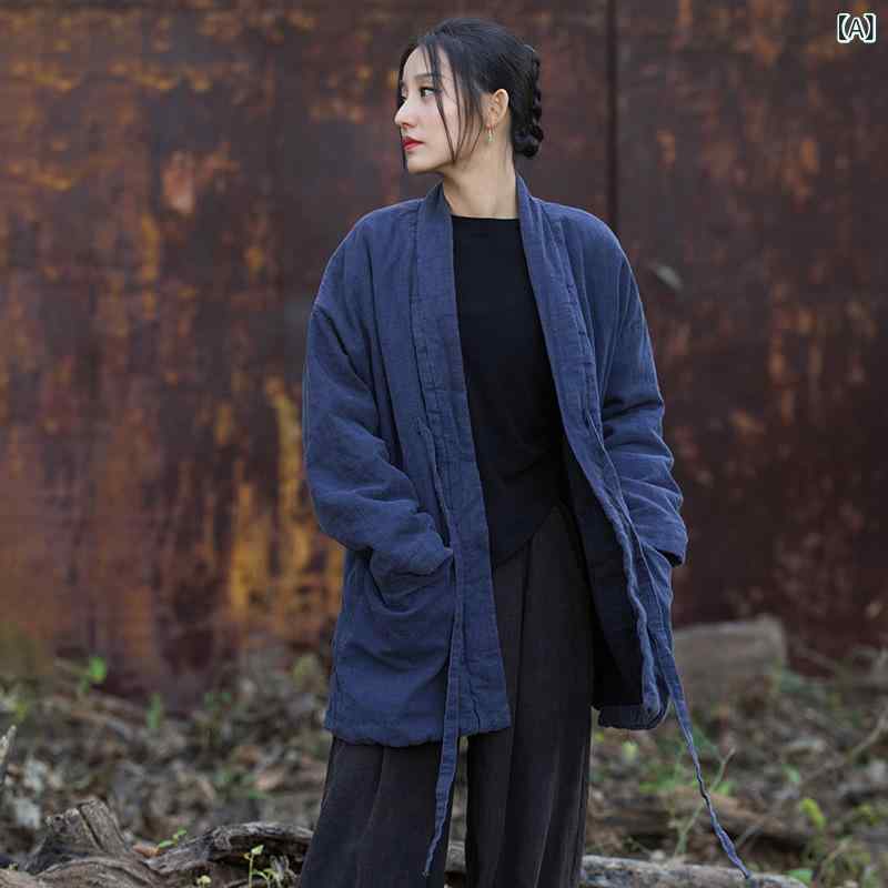 中綿ジャケット レディース 秋冬 麻混 ラミーコットン 厚手 暖か 保温 防寒 レトロ 禅スタイル 和モダン アート風 特殊染め ムラ染め ヴィンテージ加工 Vネック ミドル丈 長袖 ゆったり オーバーサイズ リラックスフィット 前開き 紐結び