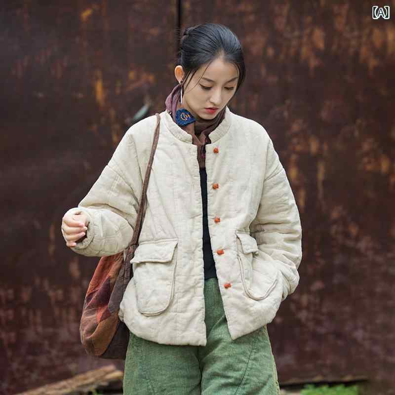 中綿コート レディース 秋冬 ラミー コットン キルティング 保温 厚手 ショート丈 スタンドカラー 立ち襟 チャイナボタン 長袖 ゆったり 無地 文芸風 エス...