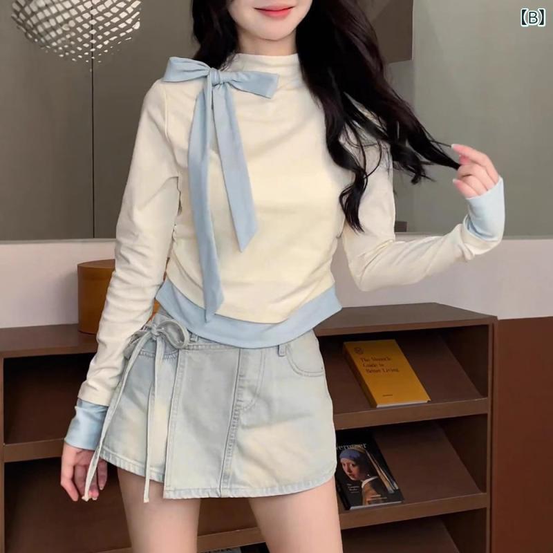 Tシャツ レディース 重ね着風 裏起毛 ポリエステル スリムフィット ハイネック リボン 長袖 インナー トップス 暖か 保温 甘辛 切り替え プルオーバー 普段使い カジュアル 春秋冬