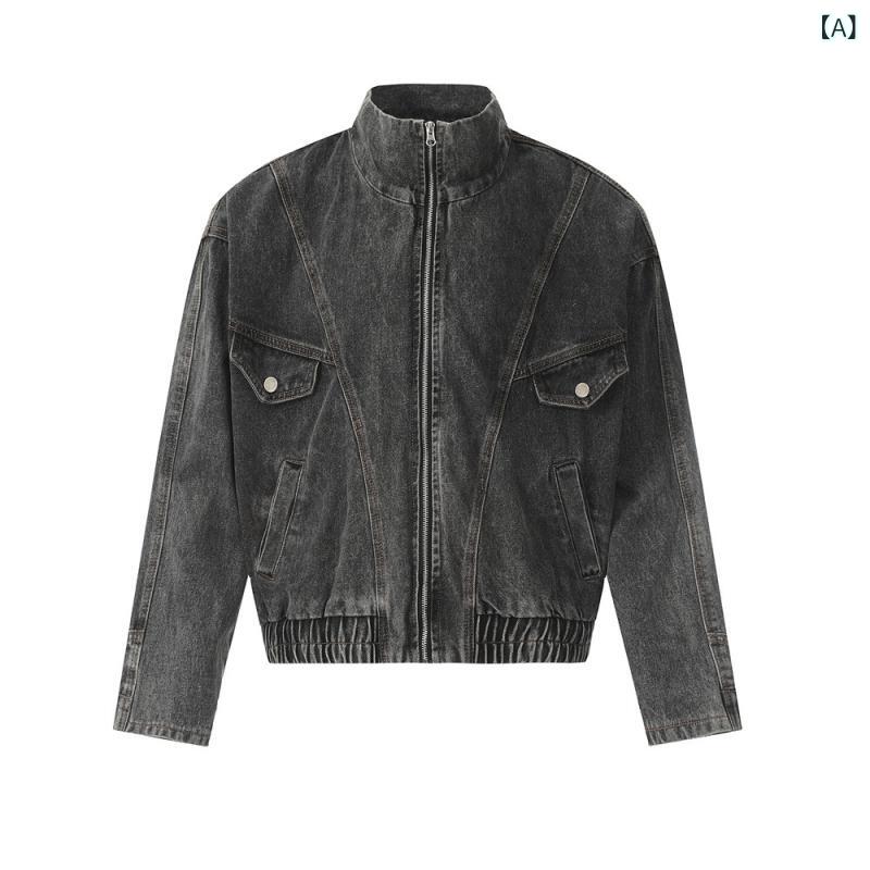 ・カテゴリ: ジャケット・スタイル: パンク・対象: 青年・性別: メンズ・生地: デニム・主な素材: ポリエステル90%・機能: 耐摩耗性、防風・ネックライン: スタンドカラー・袖丈: 長袖・袖タイプ: レギュラー・柄: 無地・フィット: ルーズフィット・厚さ: 普通・着丈: 普通丈・裾: ストレートヘム・前立て: ジッパー・フード: なし・ポケットスタイル: パイピングポケット・詳細: ポケット装飾・加工: パッチワーク、切り替え・着用方法: アウター・シーン: カジュアル・カラー: ブラック・サイズ展開: S, M, L, XL