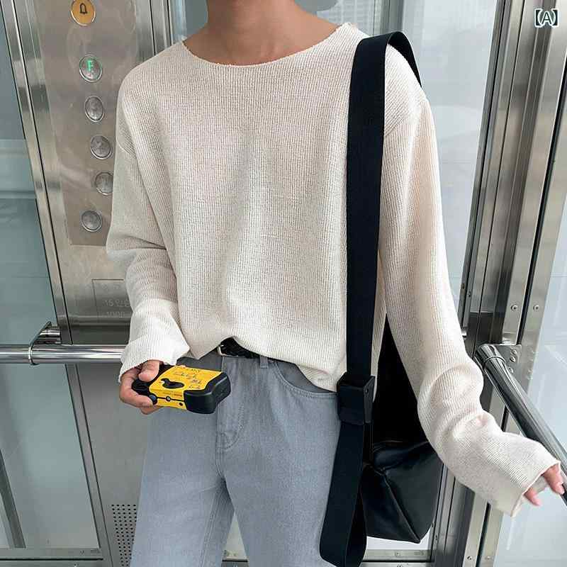Rakuten - Tシャツ メンズ 長袖 薄手 ニット カットソー 無地 韓国風 トレンド プルオーバー ゆったり ビッグシルエット ルーズフィット インナー トップス 普段使い カジュアル 一枚着 春秋