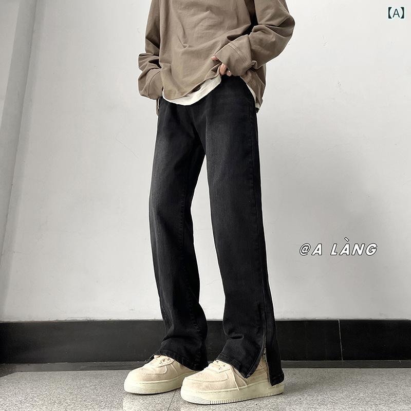 デニムパンツ メンズ 春夏 アースカラー スリムストレート 裾スリット ジップフライ ストレッチ 薄手 ウォッシュ加工 マルチポケット アメカジ ストリート 長ズボン