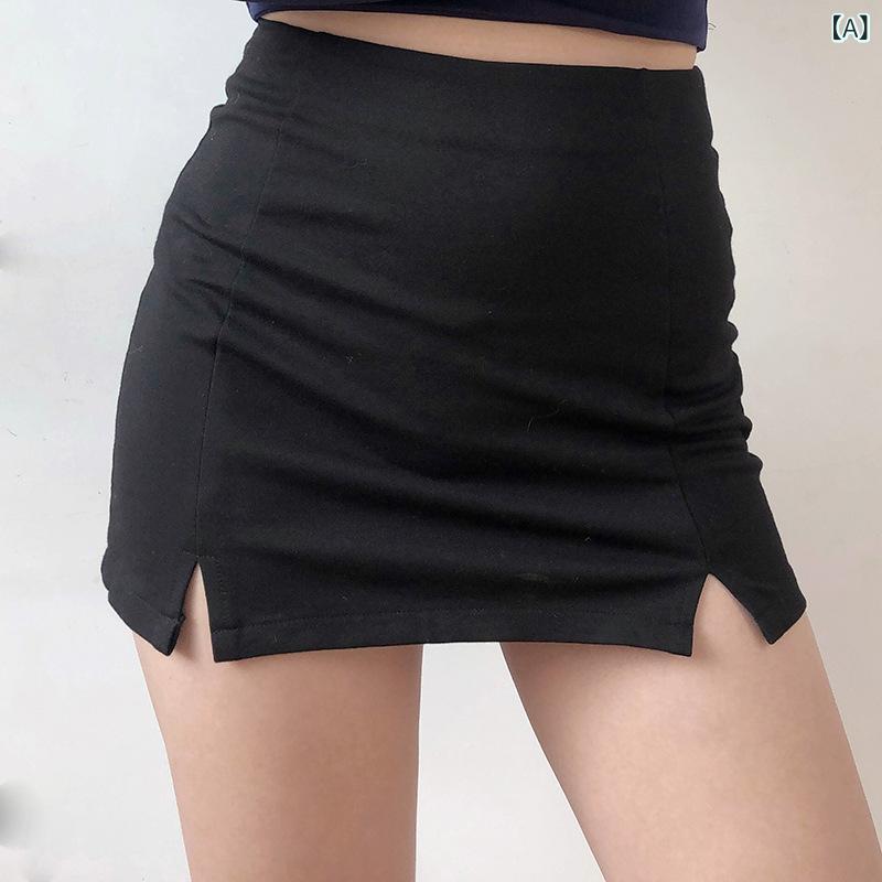 スカート レディース アメカジ レトロ かわいい ガーリー プリンセス風 ハイウエスト 着痩せ 細見え 裾スリット タイト Aライン ミニ丈 インナー付き 透け防止 着回し 無地 ポリエステル 伸縮性 ファスナー付き ブラック(4.0)