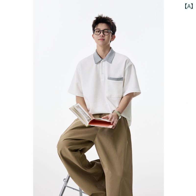 Rakuten - Tシャツ メンズ 男性用 半袖 ポロ襟 ルーズフィット ビッグシルエット ヘビーウェイト 厚手 アメリカンレトロ アメカジ トレンド ストリート系 夏 トップス デイリー カジュアル ホワイト グレー ブラック