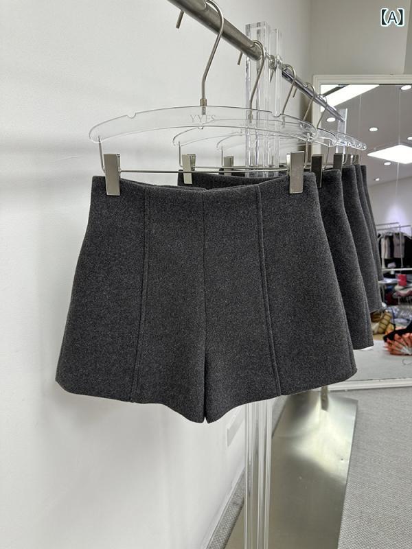 ショートパンツ レディース 秋冬 ウール調 メルトン調 カジュアル ハイウエスト お腹引き締め 細見え 着痩せ 体型カバー Aライン ワイド ゆったり ストレッチ シンプル 普段使い ブラック グレー
