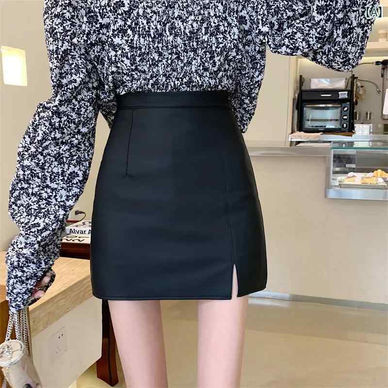 ミニスカート レディース 秋冬 PUレザー フェイクレザー 無地 ハイウエスト Aライン スリット 着痩せ 細見え 露出対策 盗撮防止 微ストレッチ 伸縮性 アイロン不要 シワになりにくい オフィス カジュアル ブラック タイトシルエット