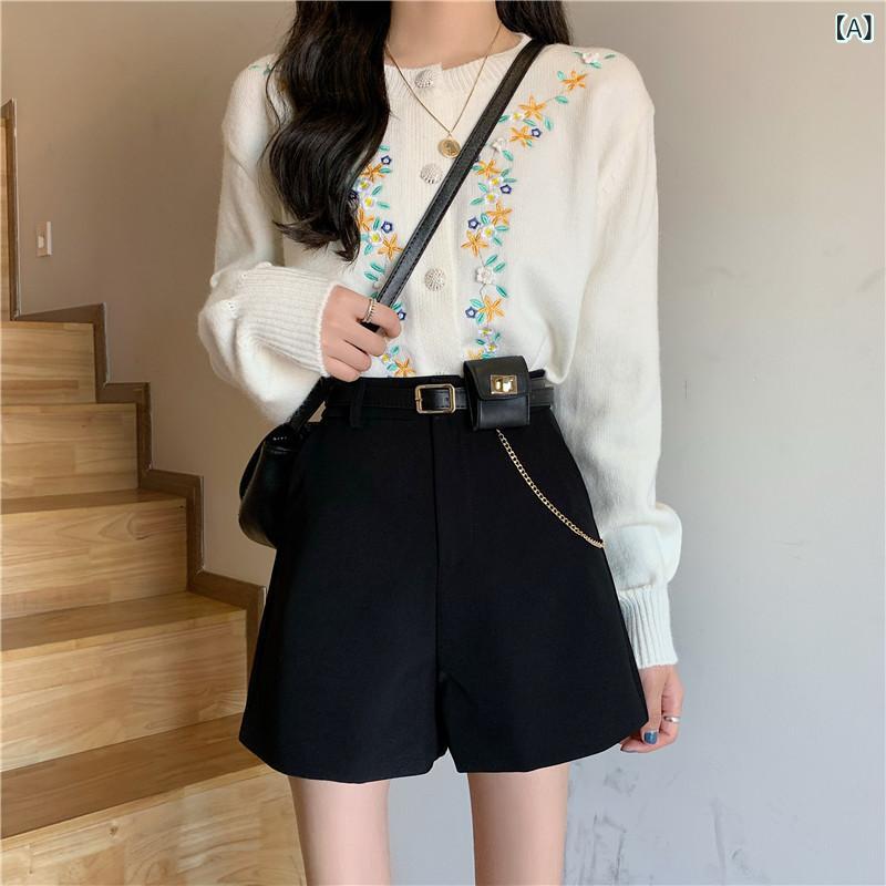 ショートパンツ レディース ハイウエスト ワイドシルエット 秋冬 厚手 ツイード ウール調 ポケット付き 欧米風 きれいめ カジュアル スラックス ブラック