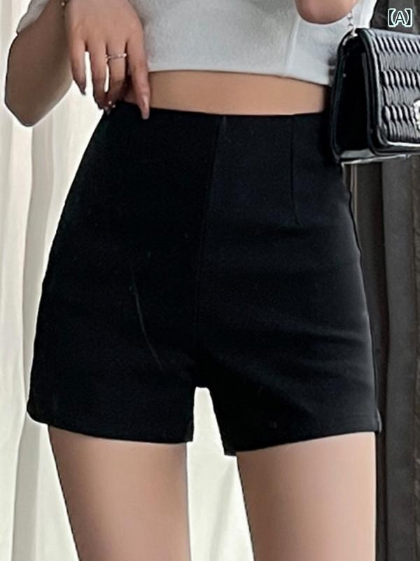 ショートパンツ レディース 秋冬 黒 ハイウエスト ストレート 超ミニ丈 ポケット付き アシンメトリー 着痩せ ストレッチ 伸縮性 かわいい カジュアル 普段使い