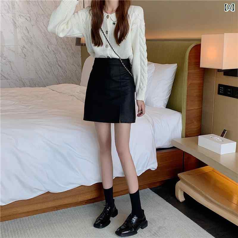 スカート レディース PUレザー ミニ丈 ハイウエスト Aライン スリット ボトムス 細見え スタイルアップ 秋冬 無地 きれいめ 上品 フェミニン おしゃれ ブラック ブラウン