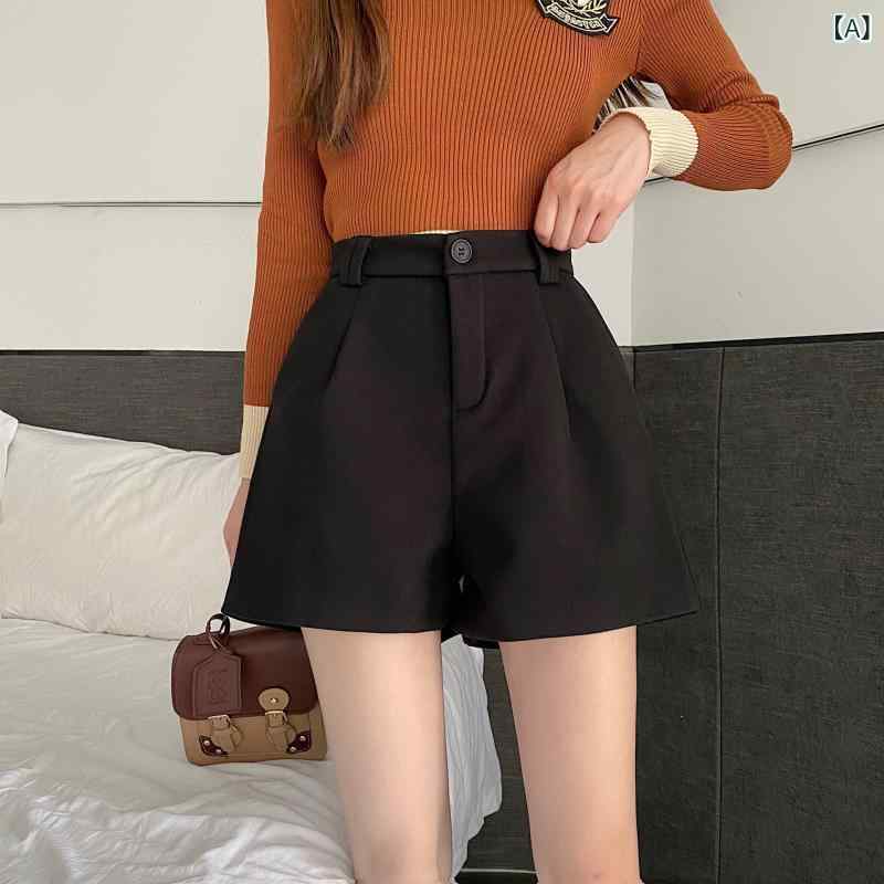 ショートパンツ レディース 秋冬 小柄 低身長 ハイウエスト ワイドレッグ ウール調 フェルト 厚手 体型カバー 脚長効果 ポケット付き カジュアル 万能 着回し 短パン ブラック