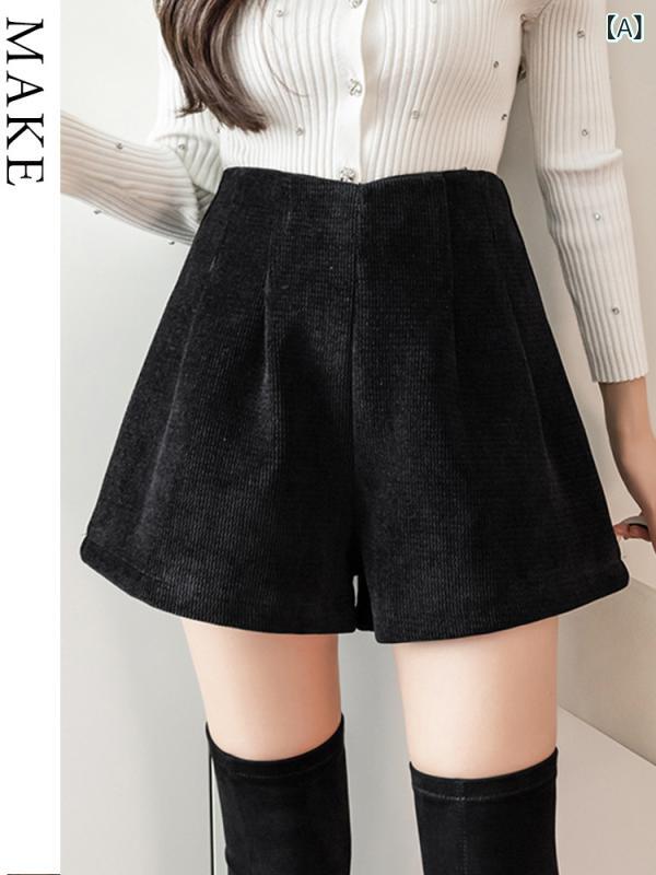 ショートパンツ レディース 秋冬 ウール混 ハイウエスト ペーパーバッグ ワイドシルエット Aライン 細..