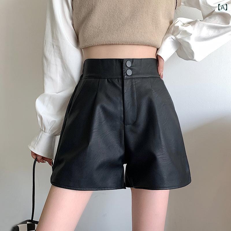 Other - ショートパンツ レディース ブラック フェイクレザー ハイウエスト ワイドシルエット 着痩せ スタイルアップ ゆったり リラックス 秋冬 普段使い お出かけ 通勤 オフィス きれいめカジュアル ストレッチ