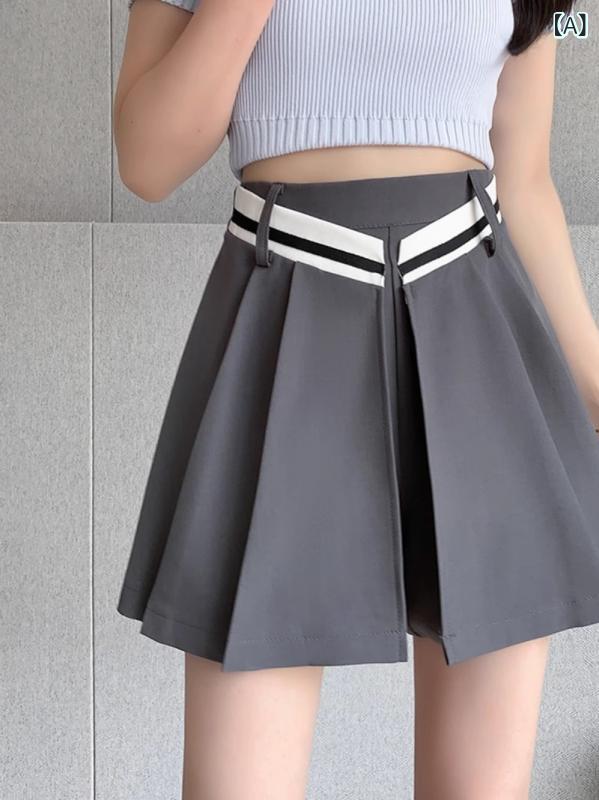 スカートパンツ レディース 秋冬 ワイド ハイウエスト 細見え Aライン プリーツ 切り替え デザイン 個性的 キュロット ポリエステル 通勤 きれいめ カジュアル グレー