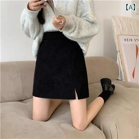 スカート レディース 秋冬 コーデュロイ ハイウエスト ミニ丈 Aライン スリット 無地 着痩せ効果 スタ..