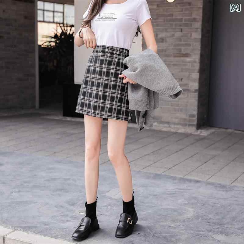 スカート レディース 女性用 秋冬 チェック柄 格子柄 Aライン 台形 ミニスカート 細見え スタイルアップ 脚長効果 裏地付き 韓国ファッション 学生 通学 普段使い カジュアル かわいい