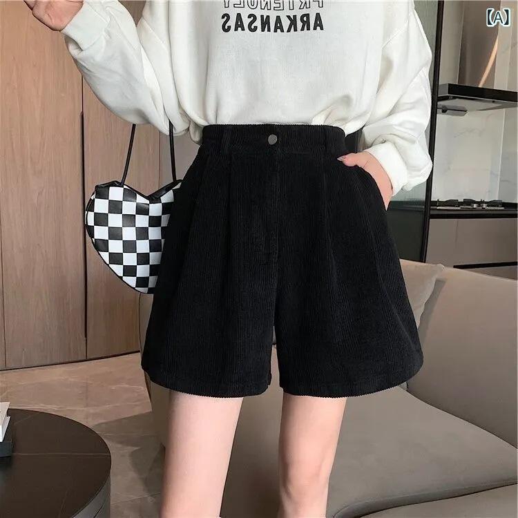 ショートパンツ レディース 女性用 ハイウエスト ワイド コーデュロイ ウエストゴム ブラック 秋冬 着痩せ効果 カジュアル 低身長向け