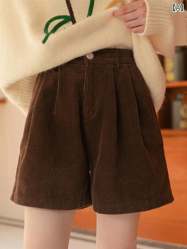 ショートパンツ レディース 秋冬 小柄 低身長 コーデュロイ ハイウエスト ストレート ルーズ ワイドレッグ カジュアル ポケット付き かわいい