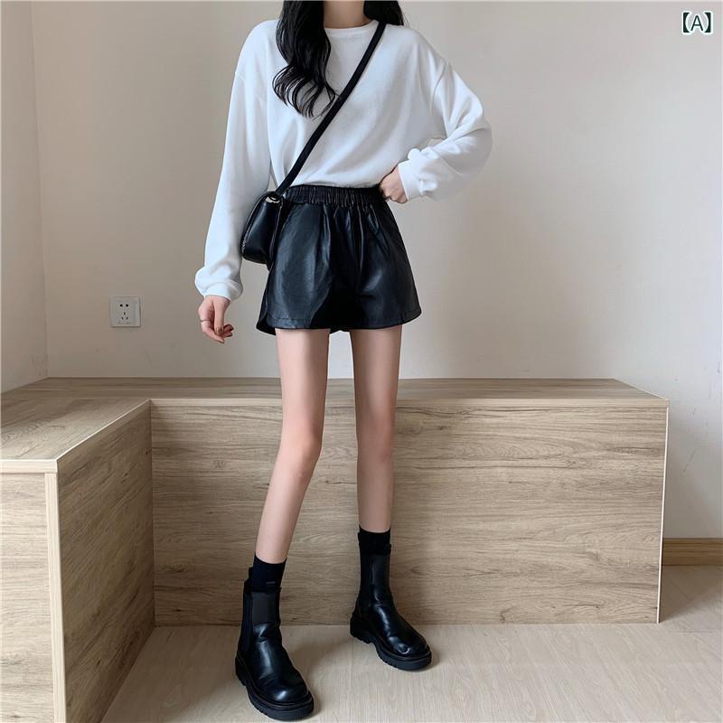 ショートパンツ レディース 女性用 秋冬 PUレザー ハイウエスト Aライン ワイドシルエット 小柄向け スタイルアップ 脚長効果 体型カバー ポケット付き カジュアル 普段使い ブラック アプリコット ベージュ かわいい
