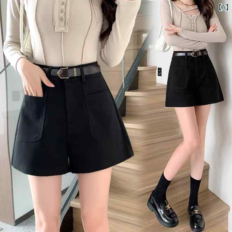 ショートパンツ レディース 女性用 秋冬 ウール調生地 ハイウエスト ビッグポケット ワイドシルエット ゆったり Aライン 細見え 着回し 万能 カジュアル 普段使い リラックス