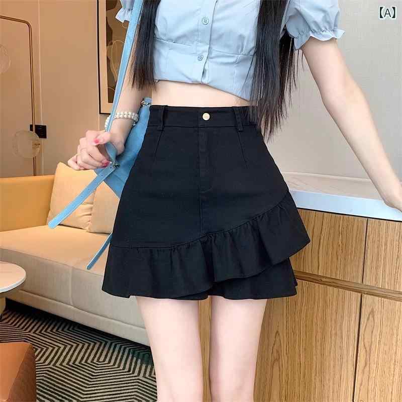 スカート レディース デニム 甘辛ミックス フリル ハイウエスト Aライン アシンメトリー 上品 エレガント 韓国風 着痩せ スタイルアップ ミニスカート 通勤 秋冬 ブラック アプリコット