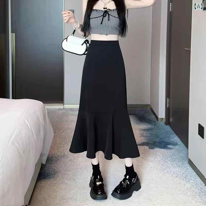スカート レディース 秋冬 ハイウエスト アシンメトリー マーメイドスカート ミモレ丈 切り替え 体型カバー 細見え 大きいサイズ 小柄 低身長 ブラック 無地 ポリエステル きれいめ