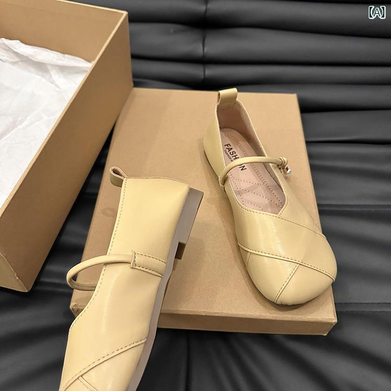 パンプス レディース メリージェーン フラットヒール ぺたんこ 浅履き ワンストラップ パール ラウンドトゥ 合成皮革 ソフトな履き心地 大きいサイズ カジュアル デイリーユース カーキ シルバー オフホワイト