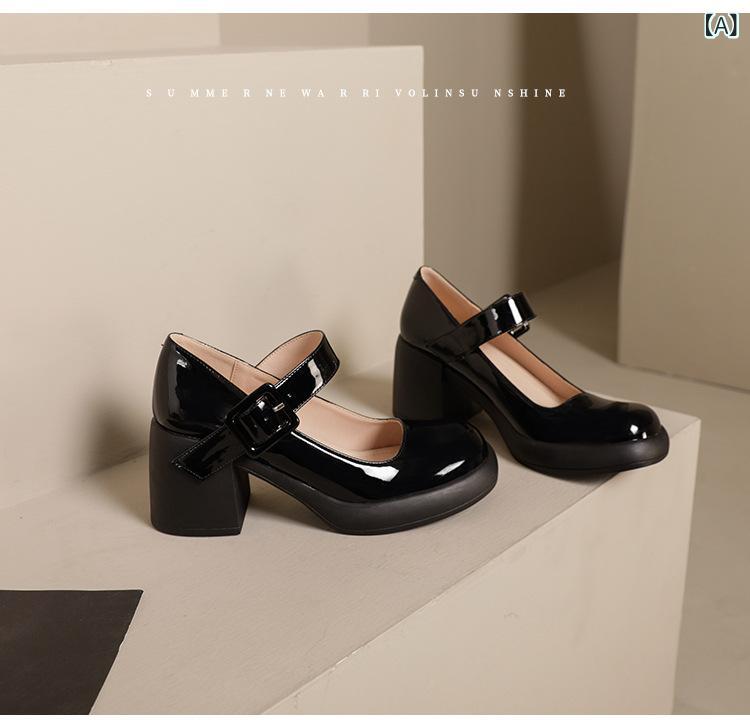 パンプス レディース メリージェーン ハイヒール 6-8cm 太ヒール フェイクレザー エナメル ラウンドトゥ フレンチ レトロ フェミニン おしゃれ 万能 スタイルアップ カジュアル ブラック オフホワイト 春夏秋