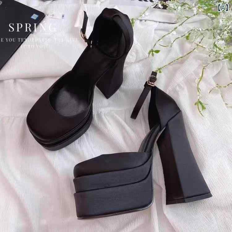 パンプス レディース メリージェーン 超ハイヒール 太ヒール ストーム プラットフォーム ラウンドトゥ ..