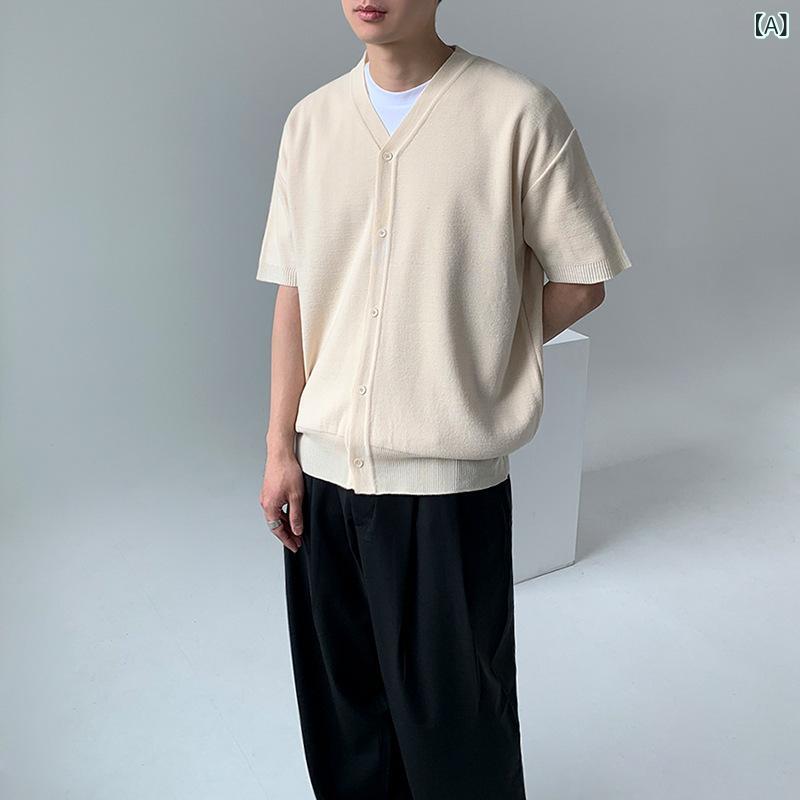 樂天商城 - ニットカーディガン メンズ 半袖 Vネック ゆったり ルーズフィット 薄手 春夏 カジュアル サマーニット アウター トップス 韓国風 シンプル ポリエステル素材 羽織り