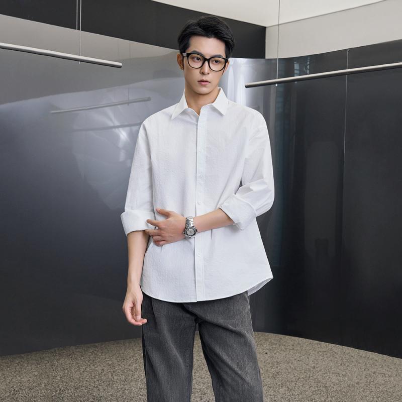 シャツ メンズ 男性用 秋冬 クール スタイリッシュ シンプル カジュアル 長袖 ルーズ ビッグシルエット 韓国風 トレンド 高級感 襟付き ポリエステル 丈夫 ホワイト(4)
